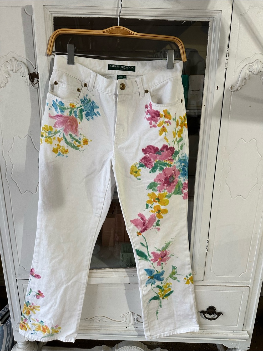 Ralph Lauren White Straight-Leg Jeans with Hand-Painted Floral Motif
